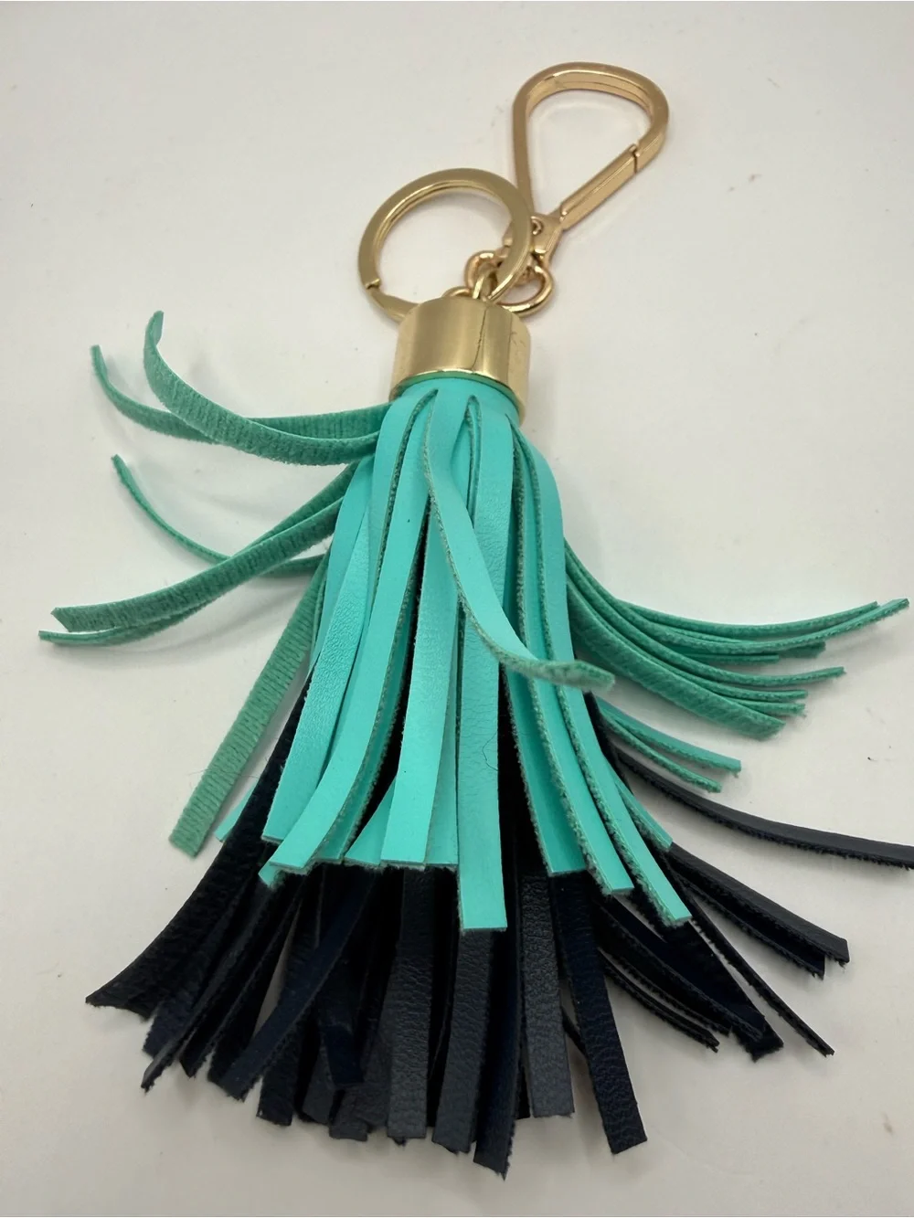 Turquoise & Black Leather Tassel Keychain with Gold-Toned Swivel Hook and Ring